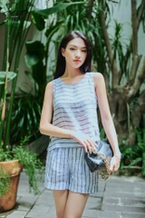 Set short linen sọc xanh nút bên