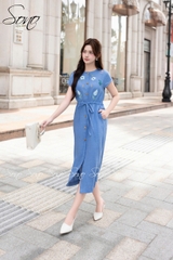 SONO - Đầm linen rút dây thêu nhiều hoa