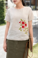 SONO - Áo linen thêu cành hoa đỏ