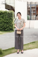 SONO - Áo linen cổ tròn thêu cây cỏ