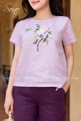 SONO - Áo linen thêu cành hoa đơn và bướm