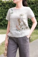 SONO - Áo linen cổ tròn thêu cây cỏ