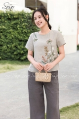 SONO - Áo linen cổ tròn thêu cây cỏ