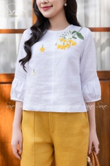 SONO - Áo linen tay lỡ thêu nhành hoa rơi
