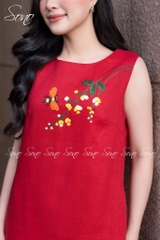SONO - Đầm linen sát nách thêu nhánh hoa cam