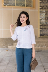 SONO - Áo linen tay lỡ thêu hoa tím đối xứng