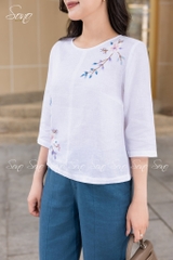SONO - Áo linen tay lỡ thêu hoa tím đối xứng