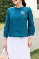 SONO - Áo linen dài tay bèo nhún thêu hoa
