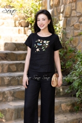 SONO - Bộ dài linen thêu cành hoa và chim