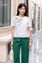 SONO - Áo linen đính nút gỗ thêu hoa