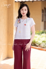 SONO - Áo linen nút bọc thêu hoa đỗ