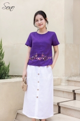 SONO - Áo linen tay ngắn thêu quấn bọ