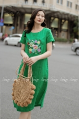 SONO - Đầm linen thêu hoa nhiều màu có tay