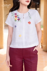 SONO - Áo linen nút bọc thêu hoa đỗ