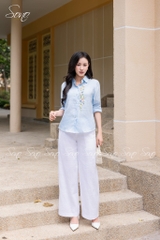 SONO - Áo sơ mi linen dài tay thêu hoa nhí pastel