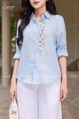 SONO - Áo sơ mi linen dài tay thêu hoa nhí pastel