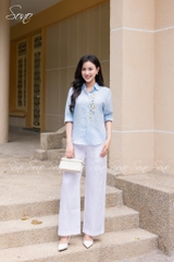 SONO - Áo sơ mi linen dài tay thêu hoa nhí pastel