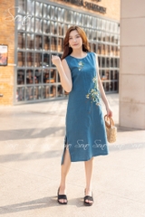 SONO - Đầm linen sát nách thêu hoa chấm màu