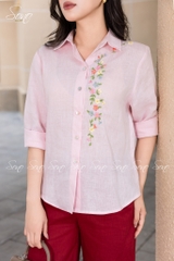 SONO - Áo sơ mi linen dài tay thêu hoa nhí pastel