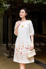 SONO - Đầm linen tay lỡ thêu hoa cỏ