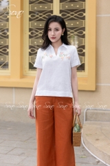SONO - Áo sơ mi linen tay ngắn thêu ngang ngực