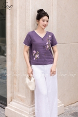 SONO - Áo linen cổ tim viền ren thêu hoa đặc