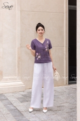 SONO - Áo linen cổ tim viền ren thêu hoa đặc