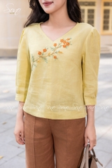 SONO - Áo linen cổ tim tay lỡ thêu hoa sim