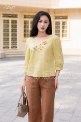 SONO - Áo linen cổ tim tay lỡ thêu hoa sim