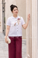 SONO - Áo linen cổ sen thêu hoa vàng