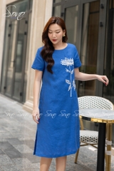 SONO - Đầm linen có tay thêu hoa cúc