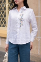SONO - Áo sơ mi linen dài tay thêu hoa nhí pastel