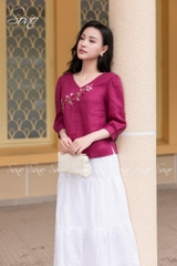 SONO - Áo linen cổ tim tay lỡ thêu hoa sim
