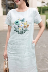 SONO - Đầm linen có tay thêu hoa bướm