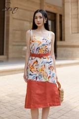 SONO - Đầm linen 2 dây họa tiết hoa văn có belt