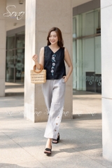 SONO - Quần dài linen đính nút gỗ