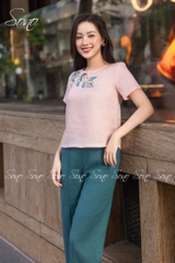 SONO - Áo linen thêu cành lá xanh