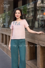 SONO - Áo linen thêu cành lá xanh