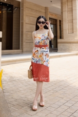 SONO - Đầm linen 2 dây họa tiết hoa văn có belt