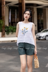 SONO - Áo linen sát nách thêu hoa tua rua