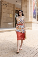SONO - Đầm linen 2 dây họa tiết hoa văn có belt