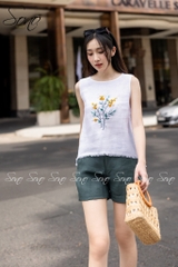 SONO - Áo linen sát nách thêu hoa tua rua
