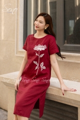SONO - Đầm linen có tay thêu hoa cúc