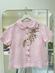 SONO - Áo linen cổ sen thêu hoa vàng