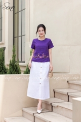SONO - Áo linen tay ngắn thêu quấn bọ