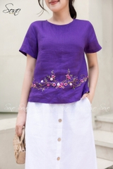 SONO - Áo linen tay ngắn thêu quấn bọ