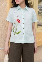 SONO - Áo sơ mi linen tay ngắn thêu hoa