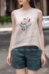 SONO - Áo linen sát nách thêu hoa tua rua