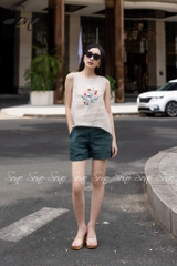 SONO - Áo linen sát nách thêu hoa tua rua