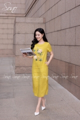 SONO - Đầm linen có tay thêu bình hoa mẫu đơn